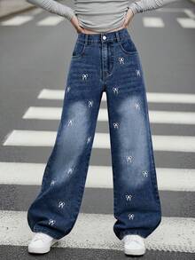 Tween Girls Y2K Style Vintage Medium Wash Blue Denim, White Butterfly Embroidered, Straight Loose Fit Jeans, Soft & Comfortable Fabric, Casual & Fashionable, Girls Denim Pants