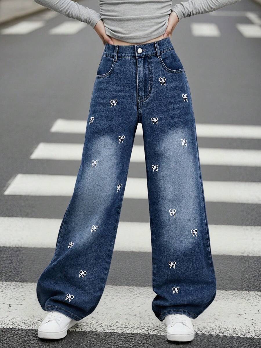 Tween Girls Y2K Style Vintage Medium Wash Blue Denim, White Butterfly Embroidered, Straight Loose Fit Jeans, Soft & Comfortable Fabric, Casual & Fashionable, Girls Denim Pants