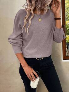 EMERY ROSE Women's Solid Color Batwing Sleeve Casual Pullover Sweater, Autumn/Winter - Violet Purple - View 3