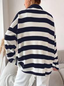 EURMUSE Plus Size Striped Pattern Drop Shoulder Polo Neck Drop Shoulder Sweater - Navy Blue - View 2