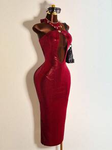 Mistrie Women's Solid Color Metal-Feeling Hollow Neck Strap Wrapped Hip Sexy Dress Holiday Elegant Party Dress