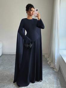 Elenzga 女士优雅中东风格复古法式别致连衣裙，采用分层裙摆，可调节束腰，喇叭袖和肩部垂坠，适合派对，秋冬季 - 藏蓝色 - 查看 6