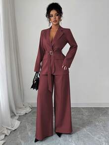 Selianne 2025春秋新款时尚优雅休闲/办公室通勤金属扣腰长袖外套+直筒宽松阔腿裤西装套装 - 酒紅色 - 查看 3