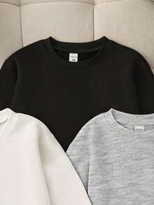 SHEIN Playful Pals 3 件套休闲百搭黑白灰色长袖圆领运动衫，适合幼儿男孩，基本款套头衫，秋冬，男婴服装，男女通用黑白灰色女婴套头衫