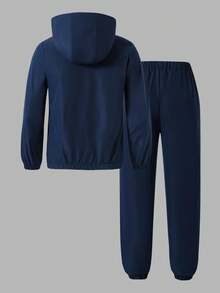 Vacaura 2pcs/Set Teen Boys Street Cool Hooded Jacket & Casual Pants Set, Navy Blue & Orange Patchwork, Zipper, Suitable For Teens/Students - Navy Blue - View 2