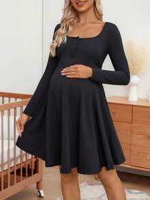SHEIN Maternity Stylish Elegant Minimalist Button Half-Placket Long Sleeve Casual Dress - Black - View 1