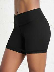 SHEIN Tween Girls Activewear 2pcs/Set Solid Color Casual Minimalist Criss-Cross Waist Shorts, High Stretch Compression Fit For Cycling, Running, Training, Black