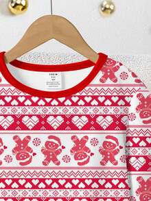 Tween Girls Pixel Heart + Gingerbread Print Colorblock Snug Fit Pajama Set, Long Sleeve Top And Pants, Spring/Autumn - Red - View 6