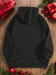 SHEIN EZwear 黑色休闲简约圣诞标语印花连帽宽松厚款卫衣女秋冬装 - 黑色 - 查看 3