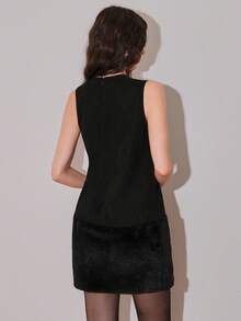 Poshira Women's Solid Color Round Neck Furry Hem Sleeveless Fashion Mini Dress - Black - View 2