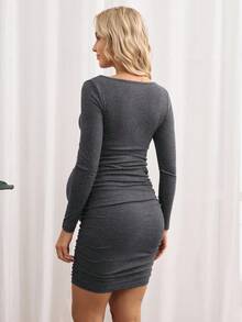 SHEIN 孕妇休闲纯色褶饰修身连衣裙，秋季 - 深灰色 - 查看 5