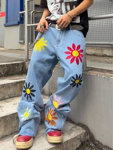 ROMWE MEN Grunge Punk Jeans con pierna acampanada y bordado para hombres - Celeste - Ver 5