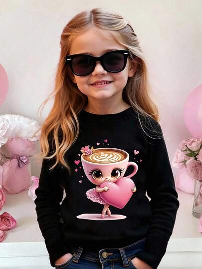 Kleine Mädchen Lässig Süß Ballerina & Kaffeetasse Cartoon Muster Bequemer Pullover Rundhals Langarm T-Shirt, Ballerina Cappuccina Schwarz