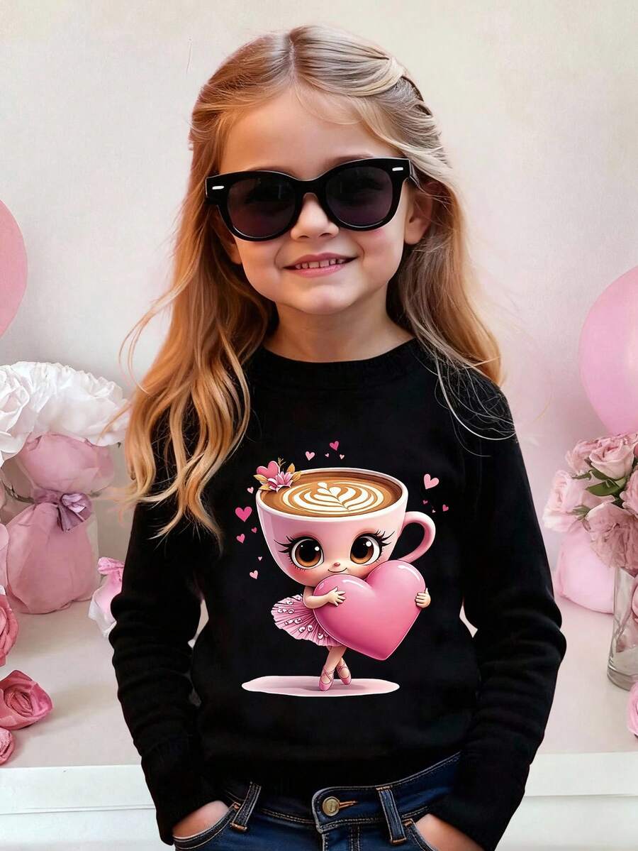 Sparklyn Kleine Mädchen Lässig Süß Ballerina & Kaffeetasse Cartoon Muster Bequemer Pullover Rundhals Langarm T-Shirt, Ballerina Cappuccina Schwarz