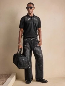 AKNOTIC Men's Fashion Rhinestone Embellished Wide Leg Jeans, Grunge - Black - View 6