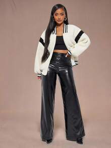 Radiana 女式条纹蝙蝠袖拉链棒球夹克拉链毛衣泰迪熊夹克羊羔绒夹克飞行员夹克短款拉链连帽衫泰迪熊飞行员夹克拉链夹克秋冬女装 - 白色 - 查看 6