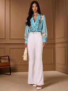 Lilora Women's Casual Floral Print Long Sleeve Single-Breasted Ruffle Hem Shirt Winter Elegant Ruffled Shirt, Refined And Elegant - Blue - View 7