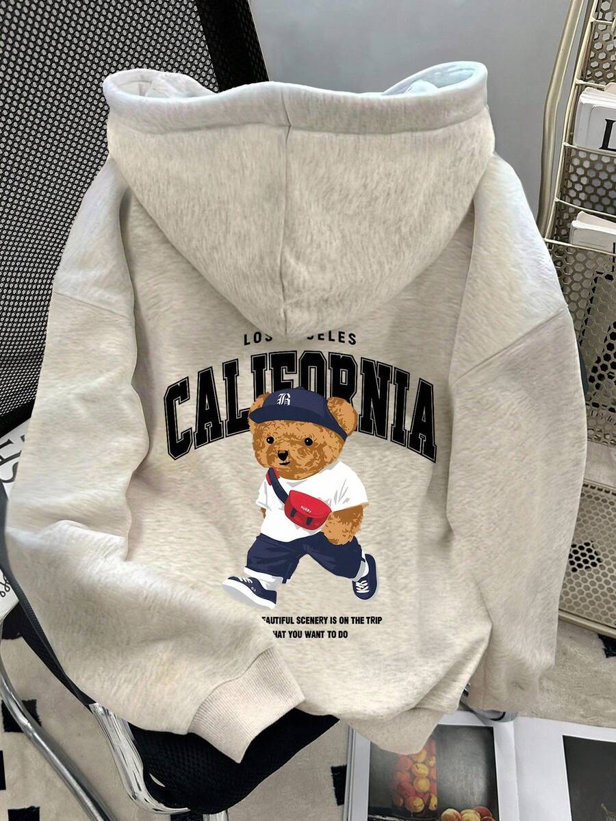 INAWLY 女士休闲熊标语印花落肩卫衣，秋冬季，圣诞节 - 淺灰色 - 查看 1