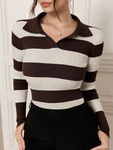 Modelyn 女式条纹领长袖修身毛衣，秋冬 - 咖啡棕 - 查看 4