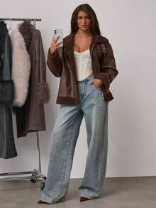 SHEIN BAE 女式拉链休闲仿保暖内衬夹克，秋冬款羊毛皮革复合面料夹克秋冬保暖外套，非常适合休闲街头装扮棕色夹克女式夹克 - 巧克力棕 - 查看 5