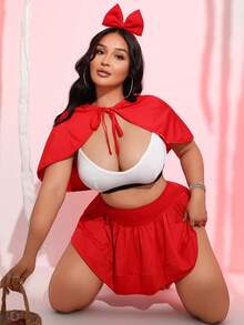 Fantasy Costume Fantasy Costume 3pcs Red Little Red Riding Hood Cosplay,Summer Curve Plus Size Low-Cut Ruffled Cloak,Mini Skirt & Lingerie Set For Rave Party,Music Festival - Red - View 6
