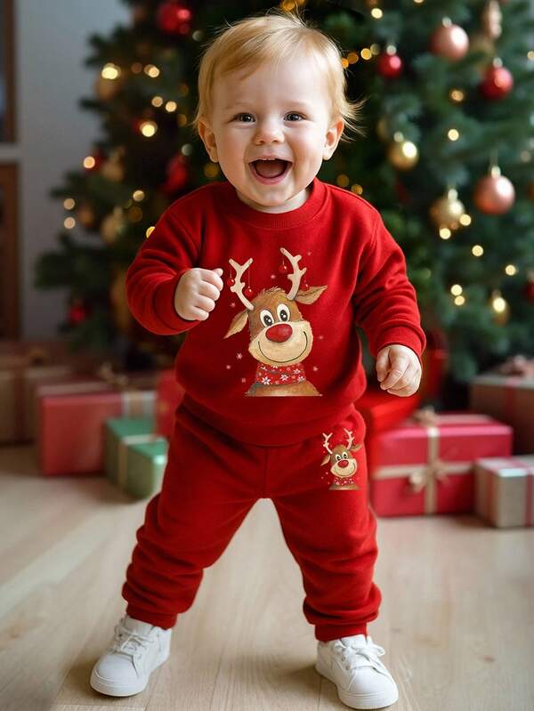 SHEIN Christmas 2pcs/Set Infant/Toddler Unisex Casual Outfit - Cute Reindeer Graphic Long Sleeve Sweatshirt And Sweatpants, Comfortable And Fashionable For Autumn/Winter/Spring Toddler Christmas Clothes Baby Christmas Casual Pant Sets Baby Boy/Girl Baby Boy/Girl Christmas Casual Pant Sets Christmas Outfit Baby Boy/Girl Christmas Outfit Red Baby Christmas Outfit Christmas Baby Clothes
