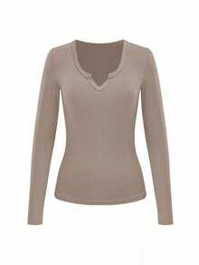 EMERY ROSE Women's Solid Color V-Neck Long Sleeve Ribbed Casual T-Shirt - Khaki - View 3