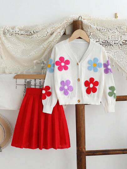 LMoss Kids 2 件套少女纯色花卉贴花 V 领开衫和裙子套装女士秋冬装