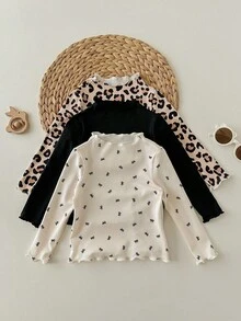 SHEIN 3 件 Babygirl 休闲百搭针织豹纹波点图案长袖上衣 - 彩色 - 查看 4