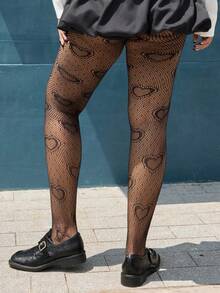 SHEIN CURVE+ 大码性感爱心渔网紧身裤，情人节时尚 - 黑色 - 查看 3