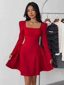 青少年女孩休闲优雅简约精致通勤日常新年方领褶皱A字长袖红色连衣裙，女孩红色连衣裙，茶会礼服，红色毕业礼服，圣诞派对，圣诞新年，生日派对 - 紅色 - 查看 3