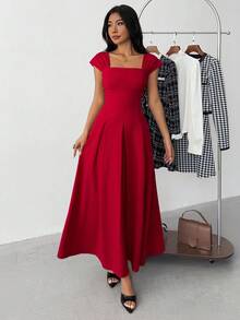 Teen Girls Casual Elegant Simple Exquisite Commuting Daily New Year Square Neck Pleated A-Line Red Midi Dress Suitable For Girls, Tea Party Dresses, Red Graduation Dresses,  Square Neck Dress, Red Dress, Cap Sleeve Dress, Pleated Dress