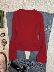 SHEIN EZwear Damen Lässig Pullover mit Cartoon Bär Muster, Rundhalsausschnitt, Langarm, geeignet für Herbst/Winter - Rot - Übersicht 2