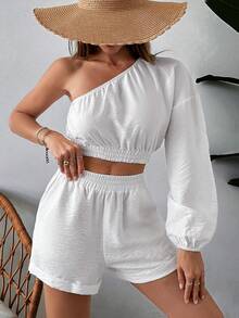 RueChic Women Half Shoulder Blouse And Short, Linen Look Fabric - White - View 1