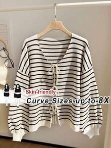 SHEIN CURVE+ 大码女式休闲条纹系带宽松开衫，秋冬 - 彩色 - 查看 1