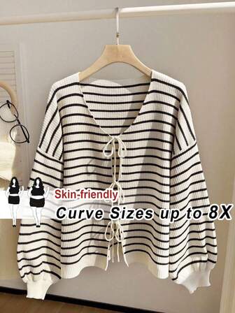 SHEIN CURVE+ 大码女式休闲条纹系带宽松开衫，秋冬