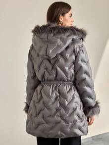 CLARA VERO Women's Padded Coat With Faux Fur Hood – Warm Winter Quilted Jacket - Dark Grey - View 2