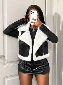 BamGleam 女式欧美机车风格仿毛领背心，修身百搭夹克 - 黑色 - 查看 4