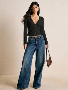 Poéselle 女式休闲纯色修身长袖T恤 - 黑色 - 查看 2