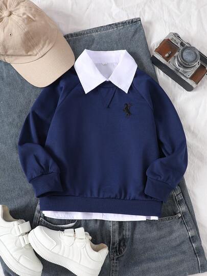 SHEIN 男童军绿色插肩袖刺绣圆领运动衫，休闲日常百搭运动户外服，春秋季