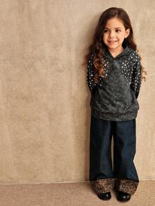 SHEIN 年轻女孩高品质黑色长袖连帽运动衫，水钻装饰宽松家庭装，秋冬 - 黑色 - 查看 3