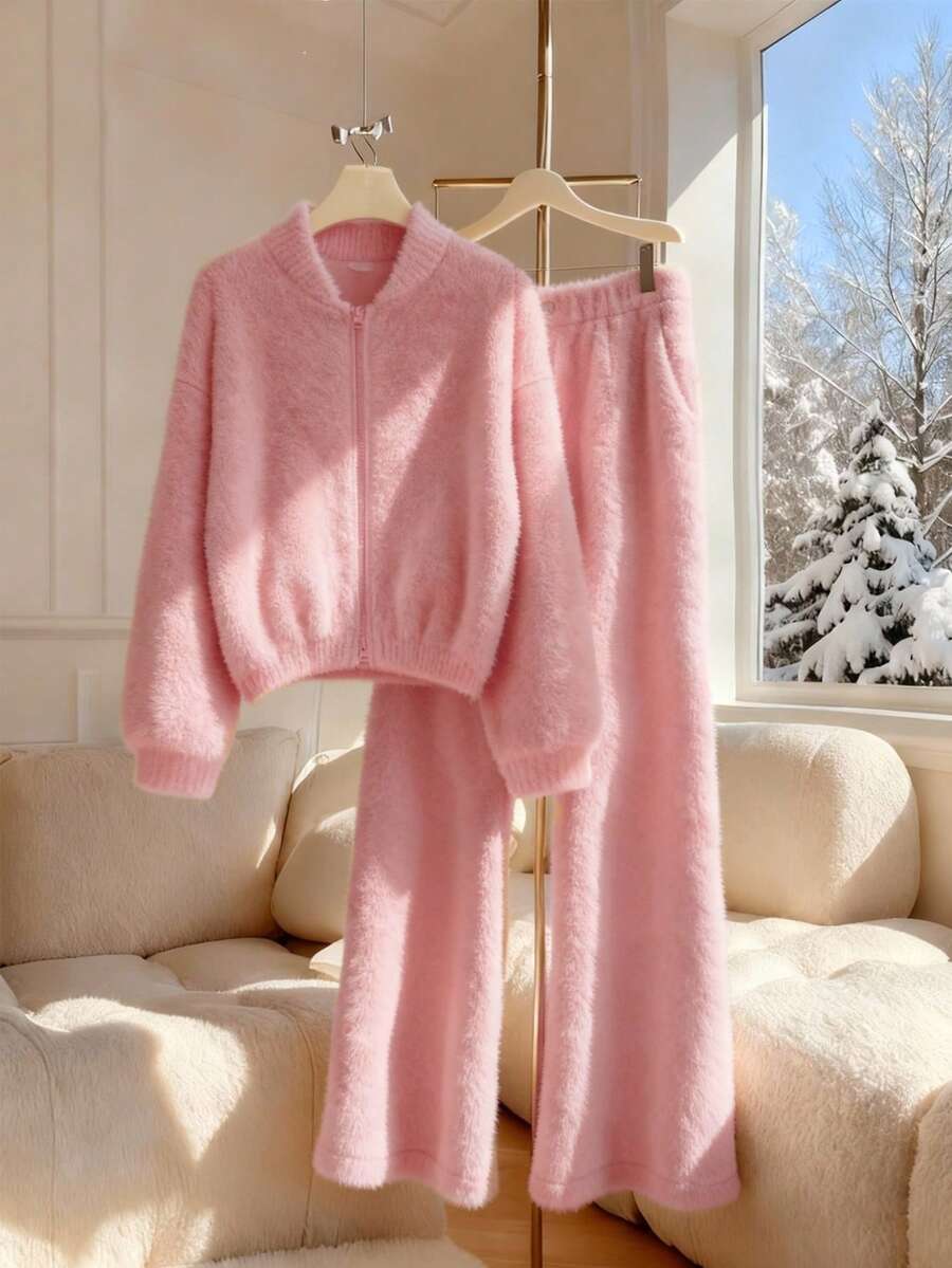 GlowEve 女式简约优雅针织拉链长袖上衣和阔腿裤套装 - 粉色 - 查看 1