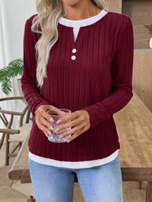 EMERY ROSE Women's Button Design Long Sleeve Ribbed Casual T-Shirt,Red Top,Fall,Fall Clothes For Women - Burgundy - View 4