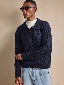 AKNOTIC 男士休闲麻花图案长袖Polo衫，秋冬季，圣诞节