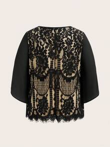 SHEIN Frenchy 大码优雅简约浪漫蕾丝雪纺拼接女式衬衫，适合办公室、约会、派对、春夏新品 - 黑色 - 查看 8