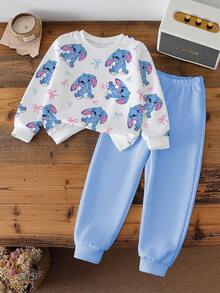Sparklyn 2pcs Set Casual Fashion Outfit, Cute Rabbit Print Sweatshirt Top & Sweatpants Set For Young Girls - Multicolor - View 2