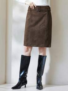 Aveloria Modichic 女装秋冬时尚欧美风格仿麂皮腰带宽松休闲复古通勤优雅半身裙 - 棕色 - 查看 6