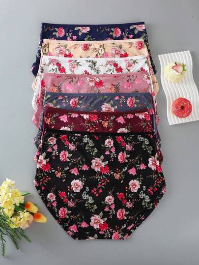 Snug Zone 7pcs/Pack Plus Size Floral Print Comfortable Underwear Sets Floral Panties Pack Of Panties Panties 7 Piece Set Floral Lingerie Panties For Women