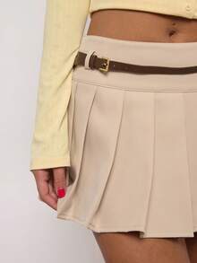 SHEIN BAE Chân váy ngắn chữ A xếp ly thiết kế khóa cài dành cho nữ - Màu Khaki - Xem 3