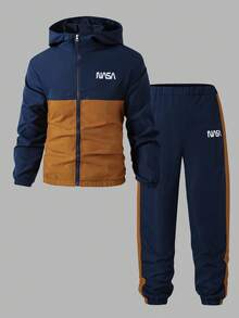 Vacaura 2pcs/Set Teen Boys Street Cool Hooded Jacket & Casual Pants Set, Navy Blue & Orange Patchwork, Zipper, Suitable For Teens/Students - Navy Blue - View 1